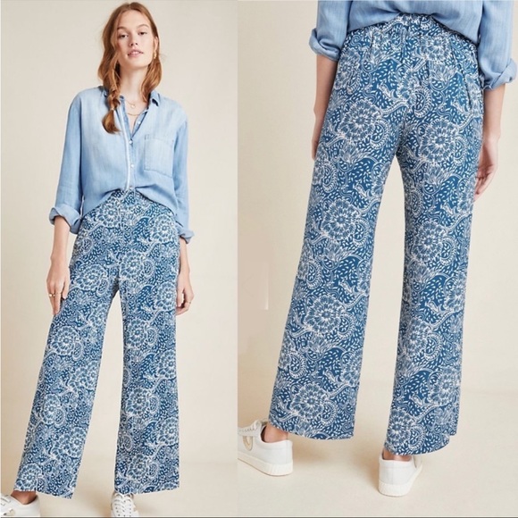 Maeve Pants - Maeve by Anthropologie Anika Blue/White Printed Wide Leg Pants SZ S Petite EUC